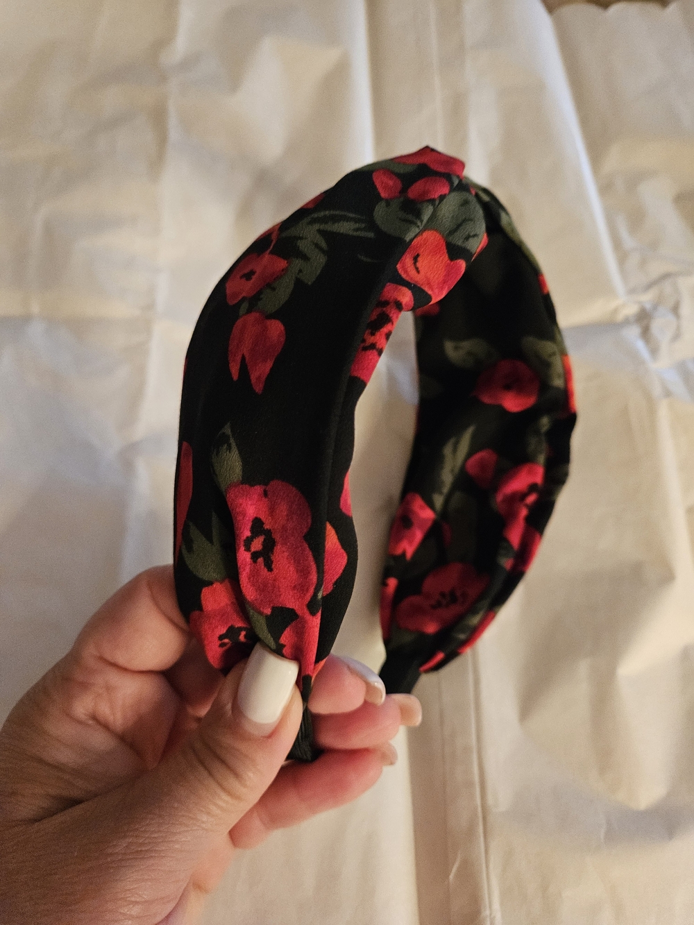 Floral Knot Headband - Black with Red Flowers